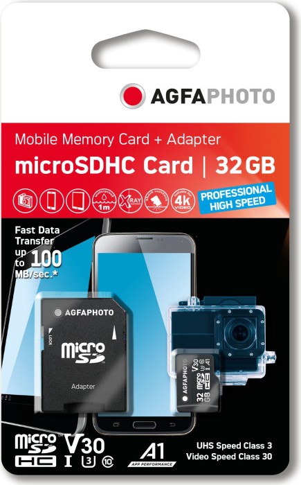 Lupus Imaging AgfaPhoto Prof. High Speed R100/W70 microSDHC 32GB Kit, UHS-I U3, A1, Class 10 (10615)