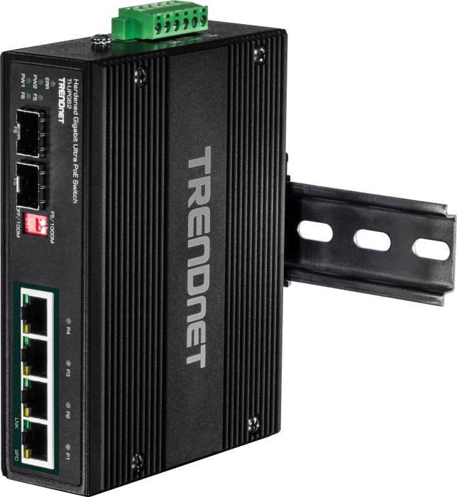 TRENDnet TI Hardened Industrial Railmount Gigabit Switch, 4x RJ-45, 2x SFP, UPoE (TI-UPG62)