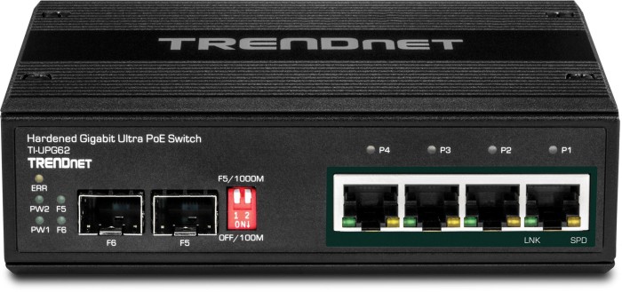 TRENDnet TI Hardened Industrial Railmount Gigabit Switch, 4x RJ-45, 2x SFP, UPoE (TI-UPG62)