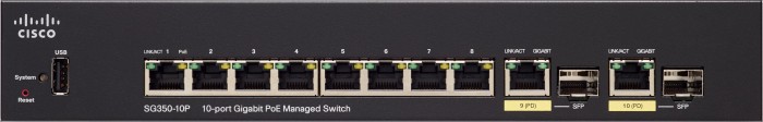 Cisco SG350 Desktop Gigabit Managed Switch, 8x RJ-45, 2x RJ-45/SFP, 62W UPoE (SG350-10P-K9)