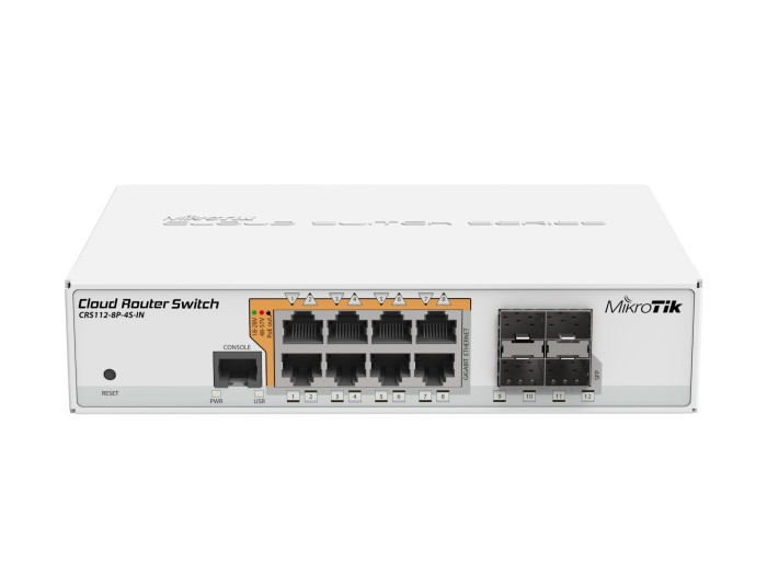 MikroTik Cloud Router switch CRS112 desktop Gigabit Smart switch, 8x RJ-45, 4x SFP, PoE/PoE PD (CRS112-8P-4S-IN)