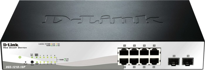 D-Link DGS-1210 Desktop Gigabit Smart+ Switch, 8x RJ-45, 2x SFP, 78W PoE+ (DGS-1210-10P)