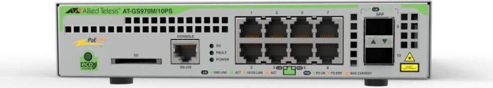 Allied Telesis CentreCOM GS970M Desktop Gigabit Managed Switch, 8x RJ-45, 2x SFP, 124W PoE+ (AT-GS970M/10PS / 990-005799)