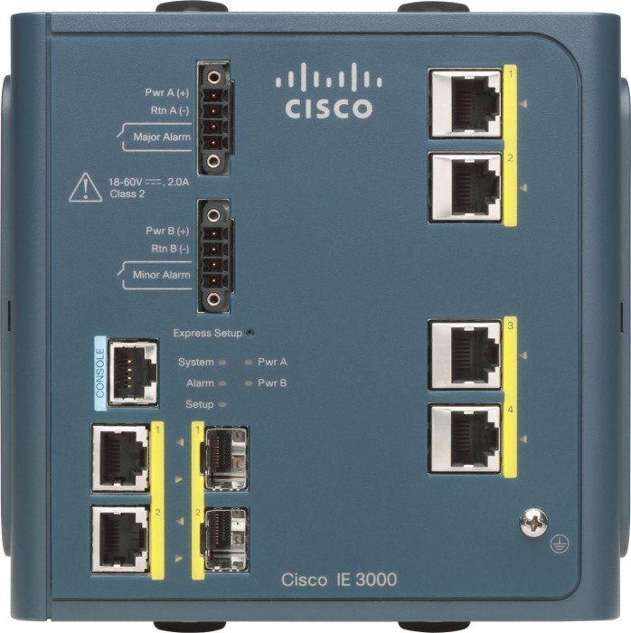 Cisco IE 3000 LAN Base Industrial Railmount Managed Switch, 4x RJ-45, 2x RJ-45/SFP, 2x Modul-Slot (IE-3000-4TC)