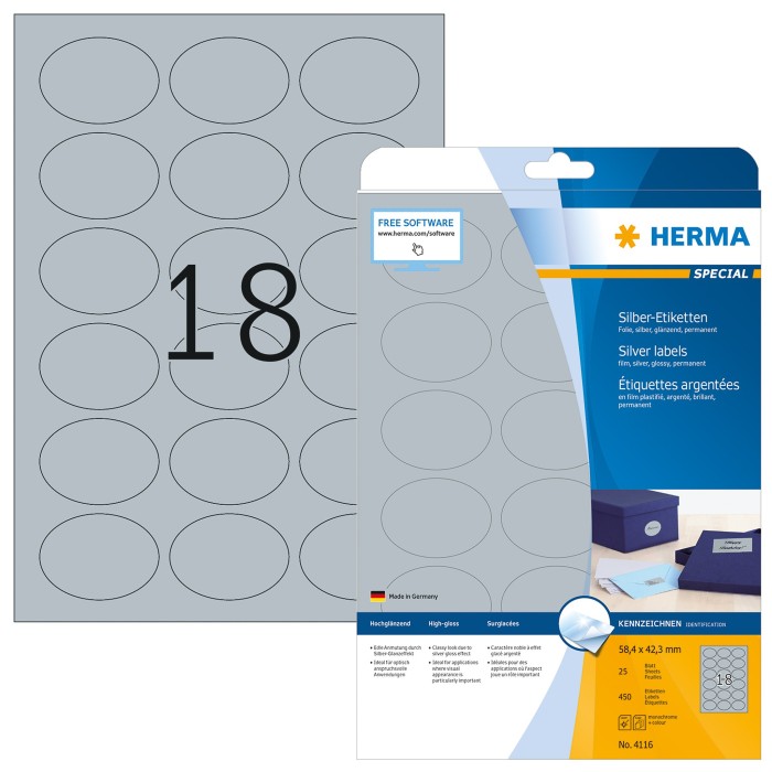 Herma Etiketten Special oval, 58.4x42.3mm, silber, glänzend, 25 Blatt (4116)