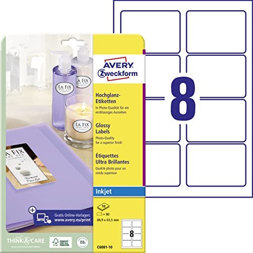 Avery-Zweckform Etiketten mit Spezialbeschichtung, 88.9x63.5mm, weiß, 10 Blatt (C6081-10)