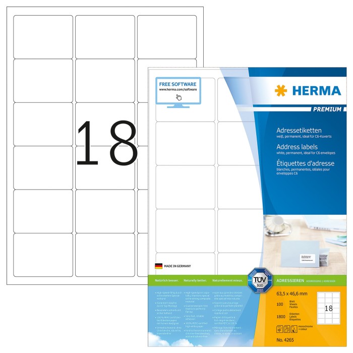 Herma Etiketten Premium, 63.5x46.6mm, weiß, matt, 100 Blatt (4265)
