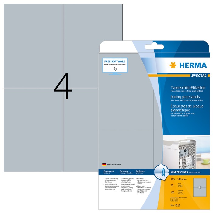Herma Typenschildetiketten Special, 148x105mm, wetterfest, silber, matt, 25 Blatt (4216)