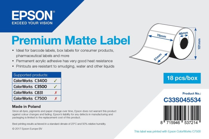 Epson Endlosetiketten Premium Matte, 76x51mm, weiß, 1 Rolle (C33S045534)