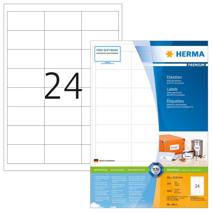 Herma Etiketten Premium, 66x33.8mm, weiß, matt, 200 Blatt (4614)