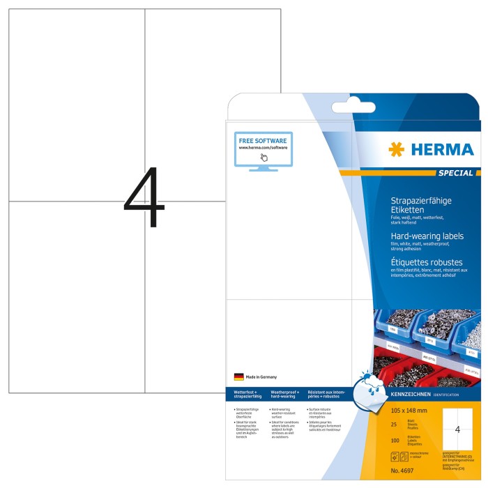 Herma Folienetiketten, A6, wetterfest, weiß, matt, 25 Blatt (4697)