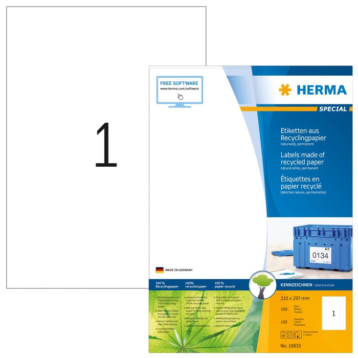 Herma Etiketten Recycling, A4, weiß, matt, 100 Blatt (10833)
