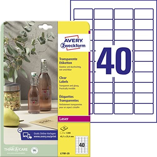 Avery-Zweckform Etiketten mit Spezialbeschichtung, 45.7x25.4mm, transparent, 25 Blatt (L7781-25)