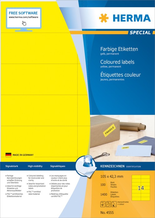 Herma Etiketten, 105x42.3mm, gelb, 100 Blatt (4555)