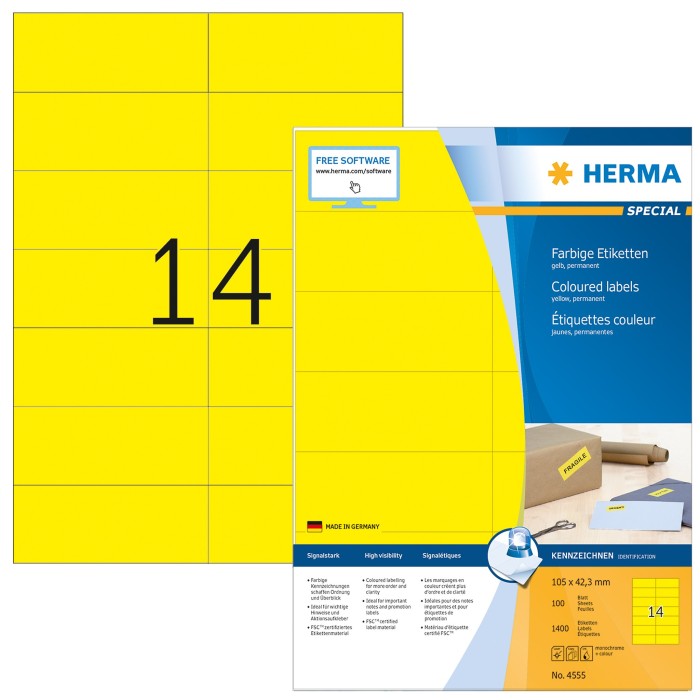 Herma Etiketten, 105x42.3mm, gelb, 100 Blatt (4555)