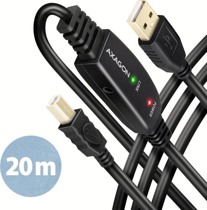 AXAGON USB adapter cable, USB 2.0, 480Mb/s, USB-A 2.0 [plug] to USB-B 2.0 [plug], active, adapter cable, 20m (ADR-220B)