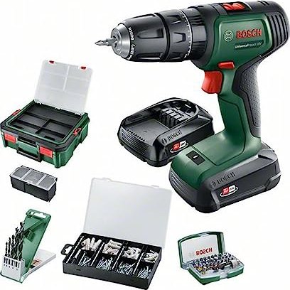 Bosch DIY UniversalImpact 18V system box cordless combi drill incl. case + rechargeable battery 1.5/2.5Ah + Accessories (06039D4107)