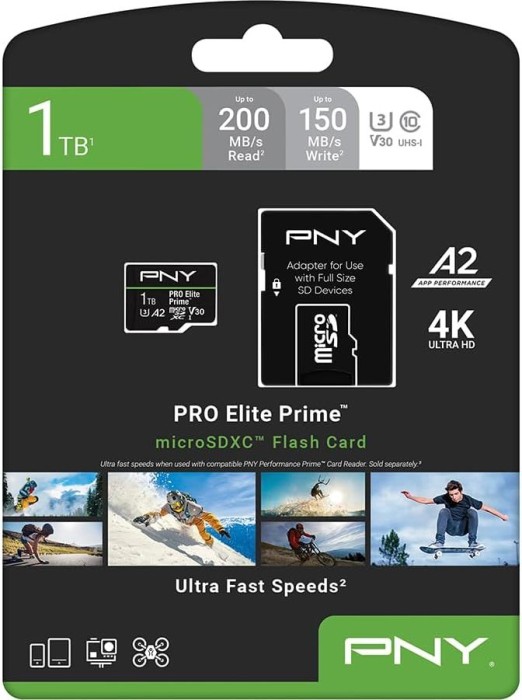 PNY Pro Elite Prime R200/W150 microSDXC 1TB Kit, UHS-I U3, A2, Class 10 (P-SDU1TBV32200PEP-GE)
