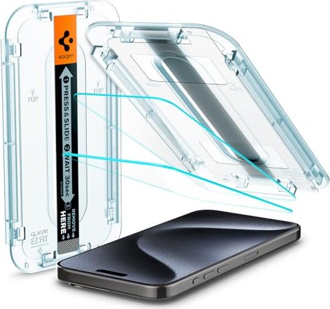Spigen glass.tR EZ Fit sensor Protection Screen Protector for Apple iPhone 15 Pro, 2-pack (AGL06892)