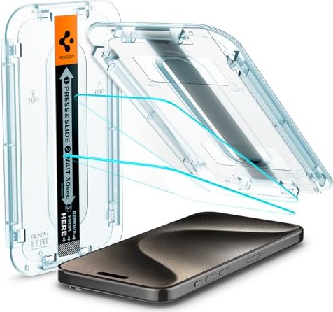 Spigen glass.tR EZ Fit sensor Protection Screen Protector for Apple iPhone 15 Pro Max, 2-pack (AGL06872)