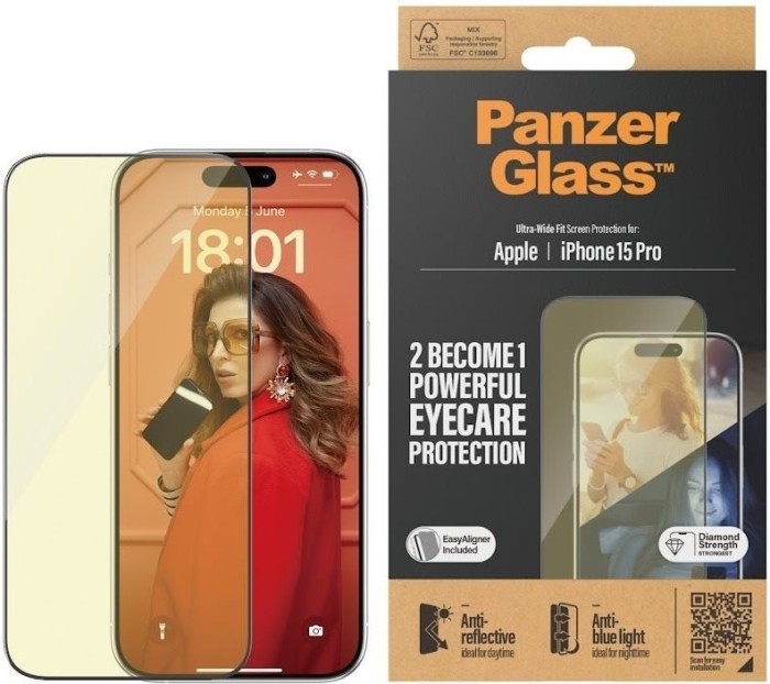 PanzerGlass Eyecare Screen Protection ultra wide Fit with EasyAligner for Apple iPhone 15 Pro (2814)