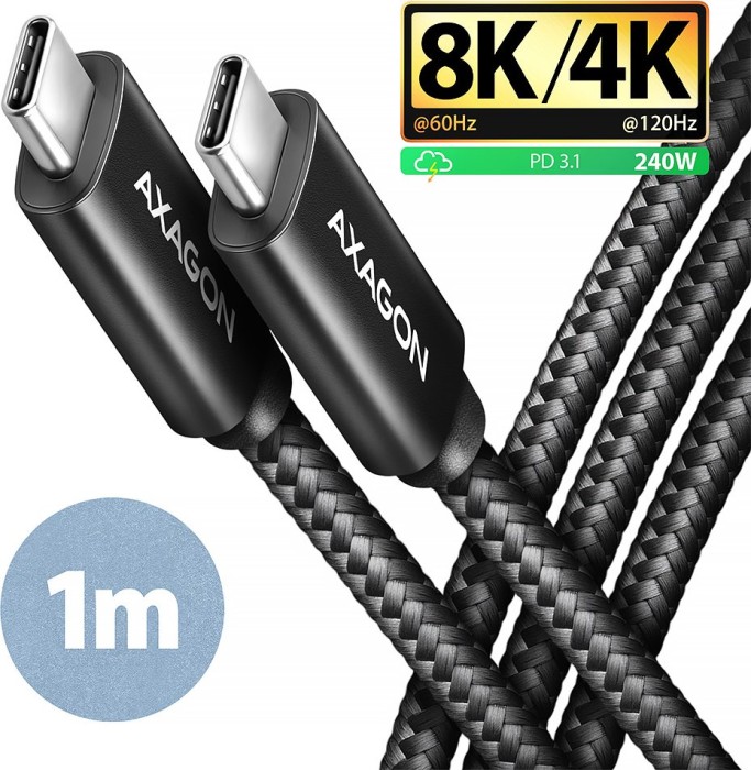 AXAGON USB-C cable, USB4 Gen3x2, 40Gb/s, 8K60Hz, 240W PD EPR, USB-C [plug] to USB-C [plug], 1m (BUCM4X-CM10AB)