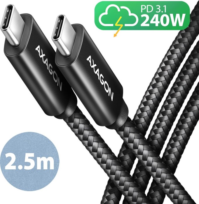 AXAGON USB-C cable, Charge, USB 2.0, 480Mb/s, 240W PD EPR, USB-C [plug] to USB-C [plug], 2.5m (BUCM2-CM25AB)