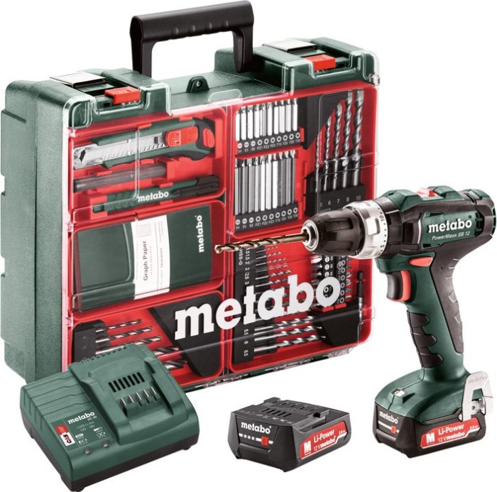 Metabo PowerMaxx SB 12 set cordless combi drill incl. case + 2 Batteries 2.0Ah + Accessories (601076870)