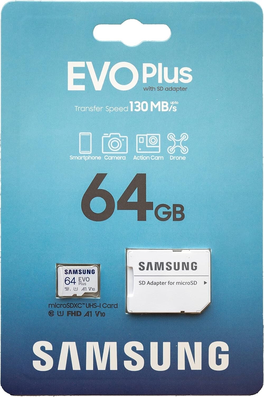 Samsung EVO Plus 2021 R130 microSDXC 64GB Kit, UHS-I U1, A1, Class 10 (MB-MC64KA/EU)