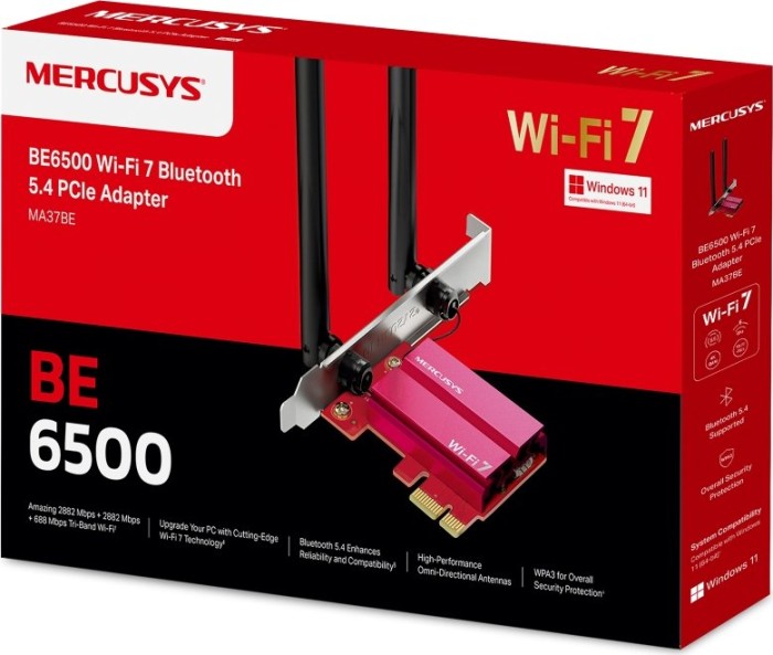 Mercusys WLAN adapter, Wi-Fi 7, BE6500, 2.4GHz/5GHz/6GHz WLAN, Bluetooth 5.4, PCIe x1 (MA37BE)