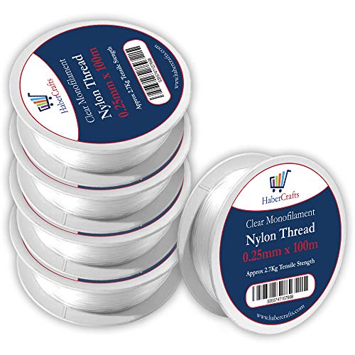 0.25mm Clear Nylon Thread Invisible String Non Stretch Clear Fishing Wire Transparent Plastic Sewing Thread For Hanging Decorations Craft Party Balloon Arch Beading & Jewellery Making - Approx Tensile Strength 2.7kg (0.25mm x 100m - 5 Spools)