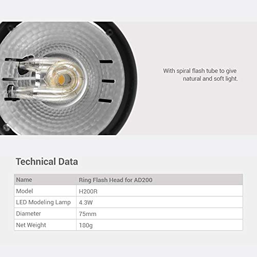 GODOX Witstro H200R Round Flash Head for Godox AD200 Flash, 200W Ring Flash Head Strong Power and Natural Light Effects for AD200 / AD200Pro Pocket Flash