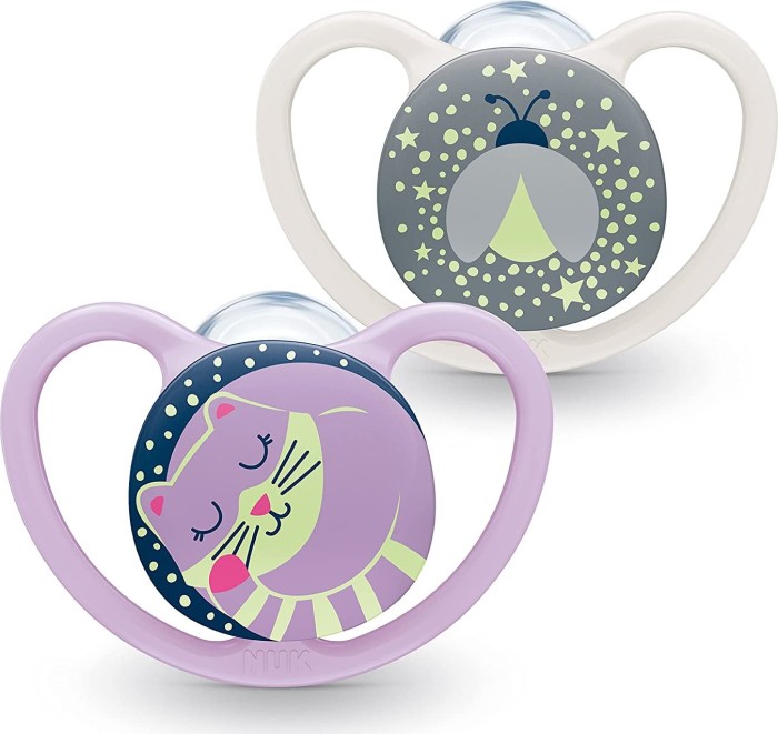 NUK space Night soother, silicone, 0-6M, purple/grey, 2-pack (10175254)