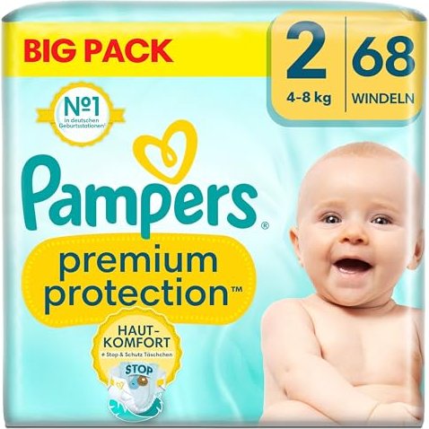 Pampers Premium Protection New Baby Gr.2 Einwegwindel, 3-6kg, 68 Stück