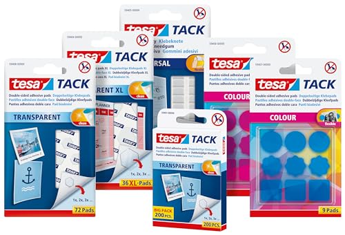 tesa Double-Sided Adhesive Pads TACK - Transparent Adhesive Strips for Mounting on Walls, Windows, and Mirrors - 1 x 200 Pads