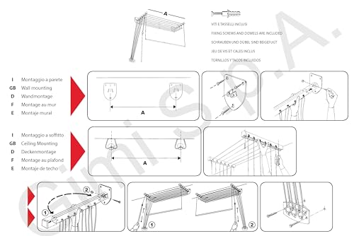 Gimi Lift 140 Wall and ceiling-mounted clothes dryer in steel, 8.5 m drying length