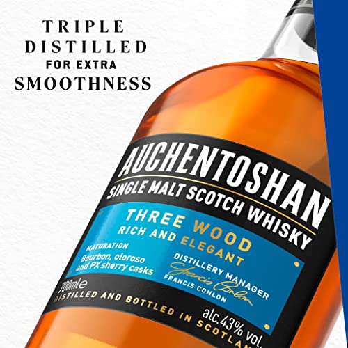 Auchentoshan Three Wood | Scotch | Lowland | Single Malt Whisky | Rich and Fruity | Olorosso and Pedro Ximenez Sherry Oak Cask Matured | 43 Percent ABV | 70 cl