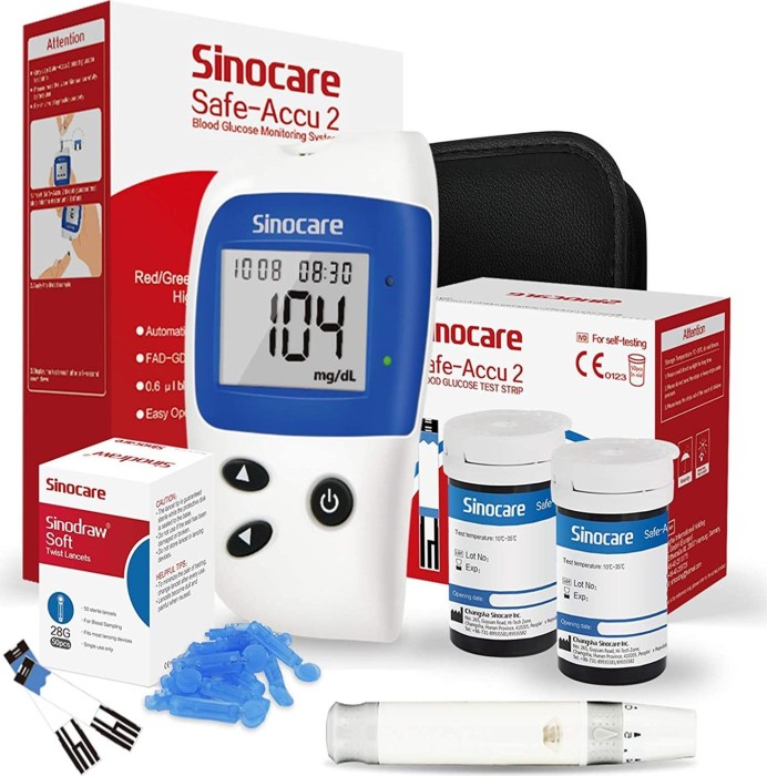 Sinocare Safe-Accu 2 Blutzuckermessgerät mit Teststreifen und Lanzetten, 50 Stück