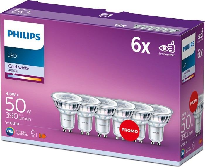 Philips CorePro LEDspot GU10 4.6-50W/840 36°, 6-pack (929001218298)