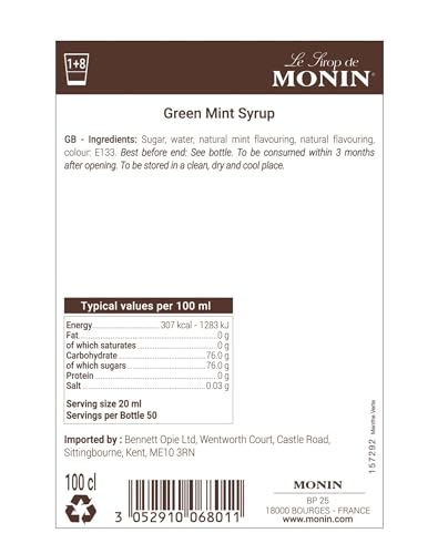 MONIN Premium Coffee Syrup 1 Litre Green Mint and Pump