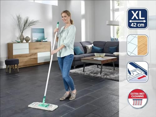 Leifheit Profi XL Micro Fibre Mop with Aluminium Handle 140 cm, 42 cm Large Flat Floor Mop Head, Floor Mop with 360° Universal Joint for Easy Steering, Flat Mop
