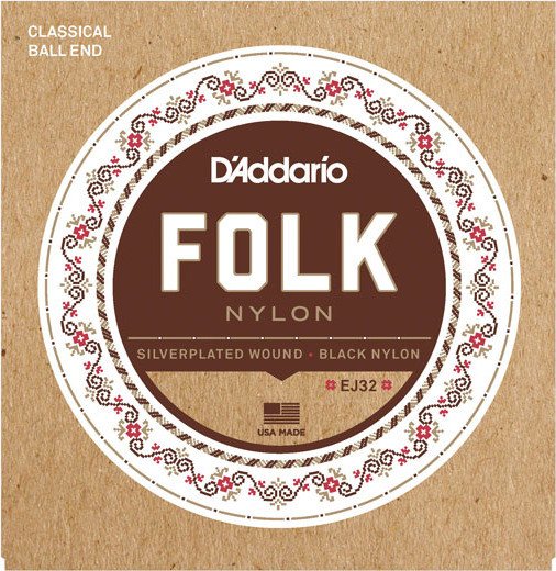 D'Addario Folk nylon ball End Silver Wound / Black nylon Trebles (EJ32)