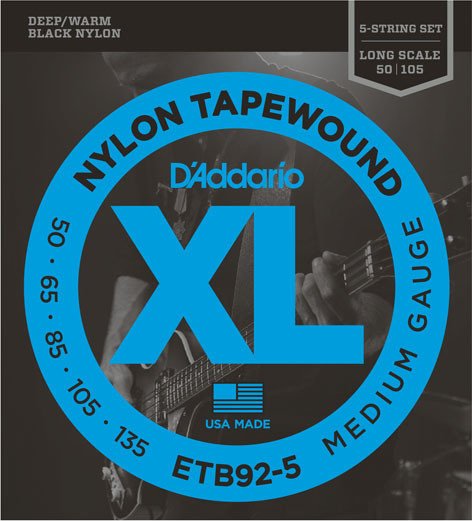 D'Addario XL nylon Tapewound 5-Sring Bass Medium, Long Scale (ETB92-5)