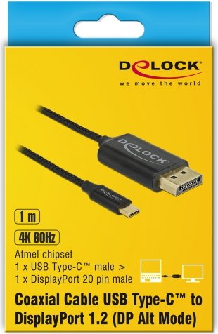 DeLOCK USB-C [plug] on DisplayPort 1.2 [plug] cable 4K 60Hz black, with Nylongeflecht, 1m (83709)