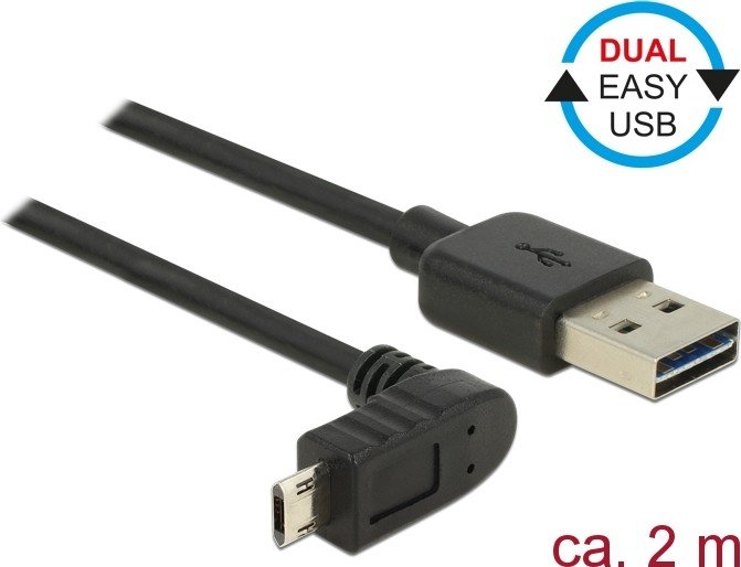 DeLOCK EASY-USB adapter cable, USB 2.0 micro-B 90° vertical angled [plug] to USB-A 2.0 [plug], black, 2m (83856)