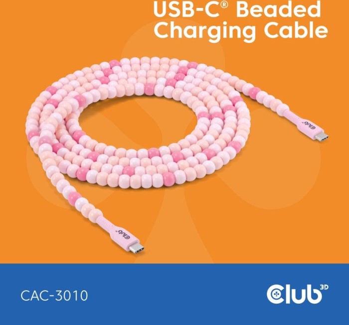 Club 3D USB-C Perlenkabel, 480Mb/s, 60W PD, USB-C 2.0 plug to USB-C 2.0 plug, 2m, pink (CAC-3010)