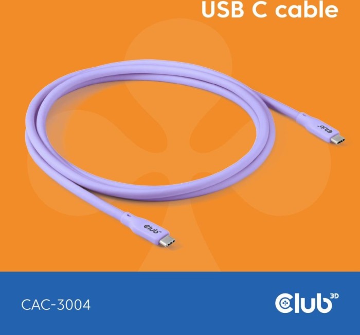 Club 3D USB4 cable, 20Gb/s, 240W PD EPR, USB-C plug to USB-C plug, 2m, lilac (CAC-3004)