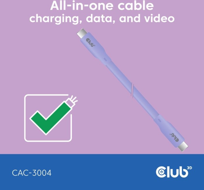 Club 3D USB4 cable, 20Gb/s, 240W PD EPR, USB-C plug to USB-C plug, 2m, lilac (CAC-3004)