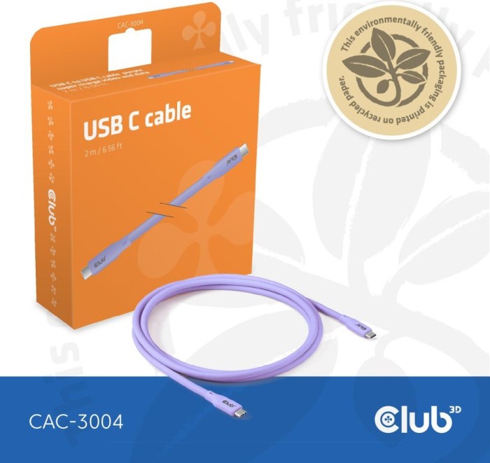 Club 3D USB4 cable, 20Gb/s, 240W PD EPR, USB-C plug to USB-C plug, 2m, lilac (CAC-3004)