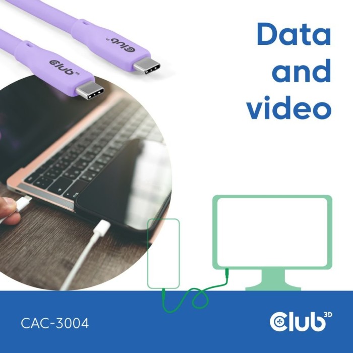 Club 3D USB4 cable, 20Gb/s, 240W PD EPR, USB-C plug to USB-C plug, 2m, lilac (CAC-3004)